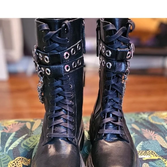 Zara Black Combat Boots with Silver Chains - Picture 3 of 6